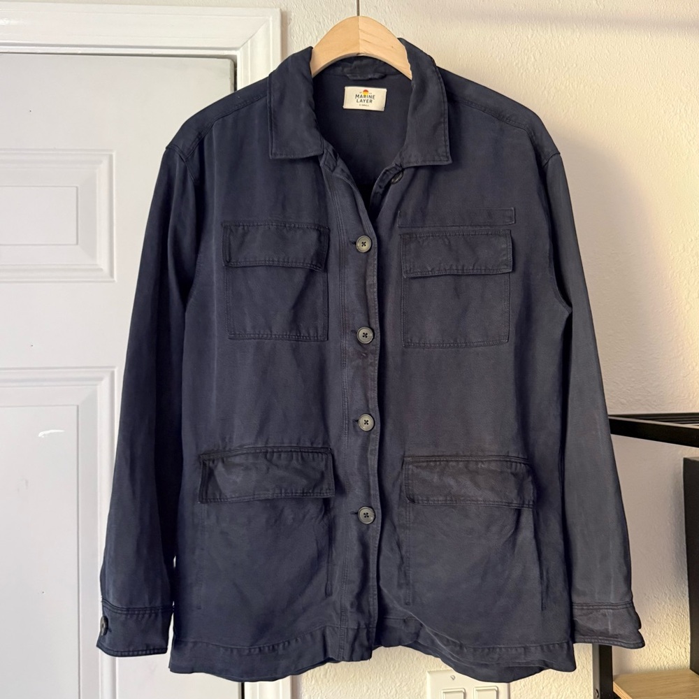 MARINE LAYER navy blue linen lyocell utility work chore boxy button up shacket‎